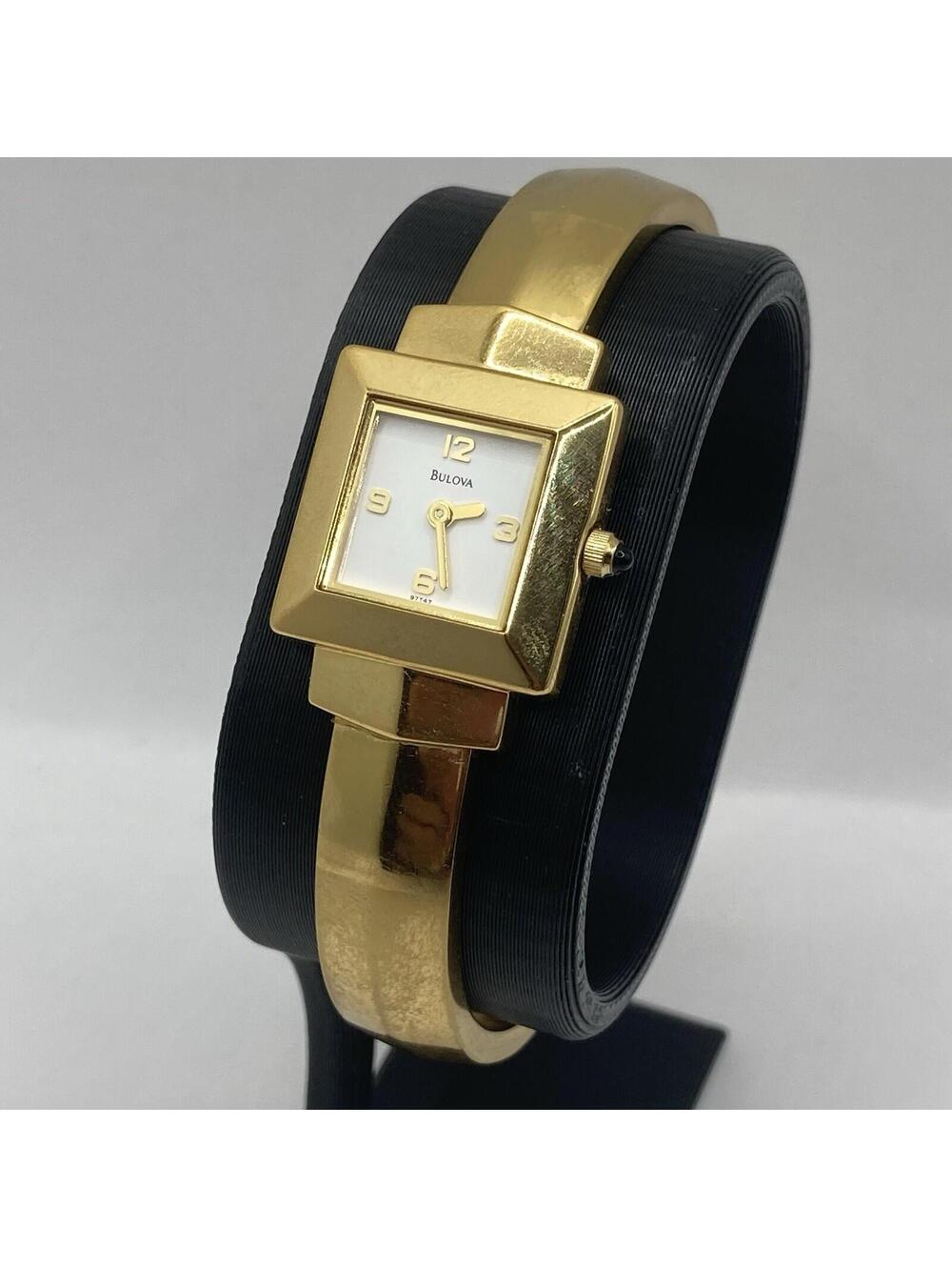 Vintage 90s Bulova 97T47 Women’s Bangle Watch Gold Plated Square White Dial 1998